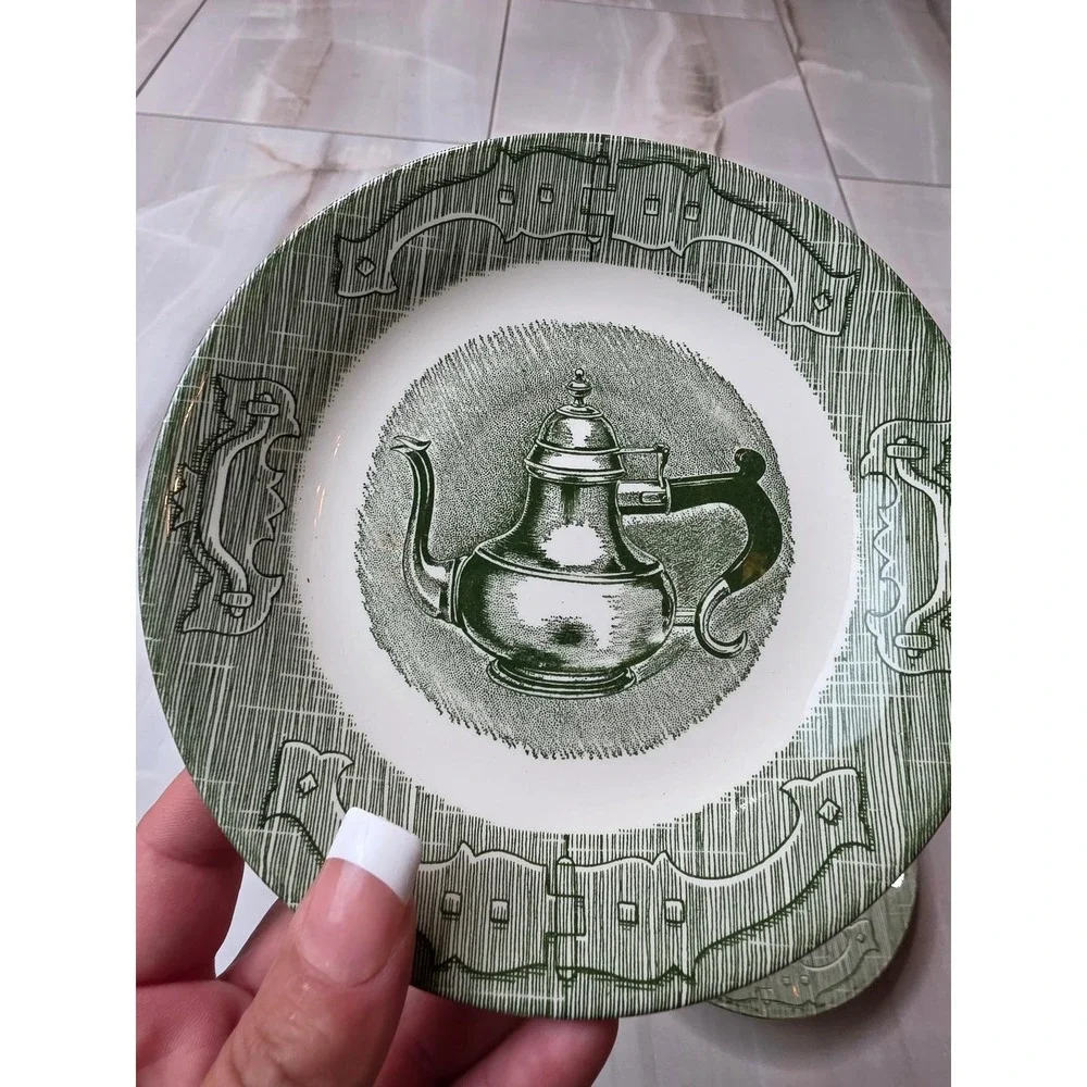 Vintage Green Transferware Teapot Bread and Butter‎ Plates Set of 6 6.25 Inch A2